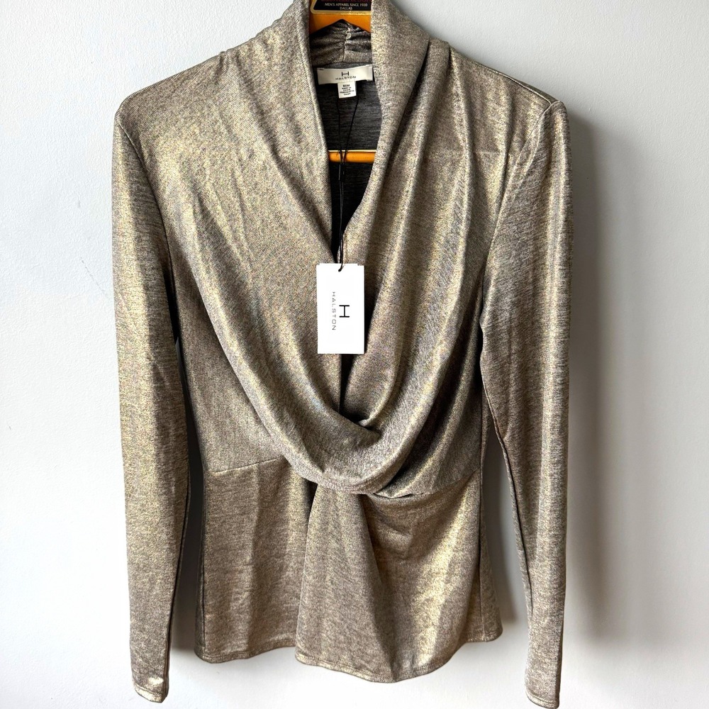NWT Halston Metallic Draped Twist Front Top Medium M Gold Shimmer Long Sleeve